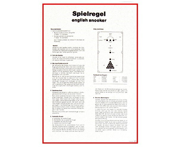 Spielregel Snooker auf Karton mit Aufhängung