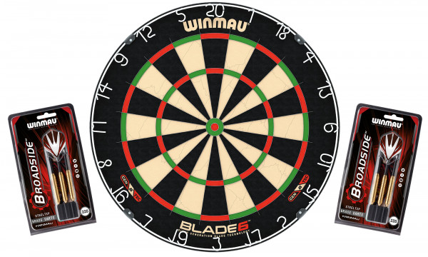 Dartboard WINMAU Original Blade 6 + 2 Steeldart Sets Broadside Brass